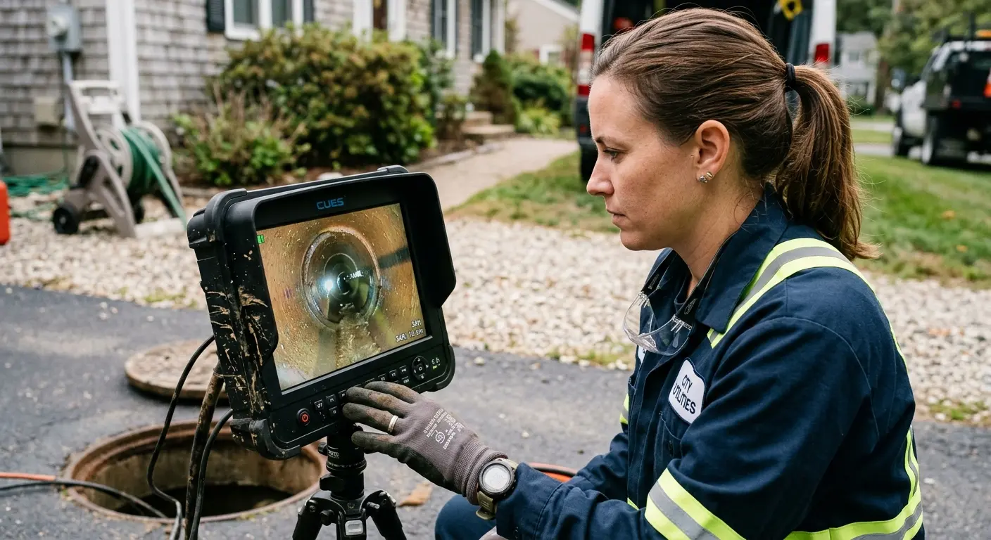 Technician reviewing sewer camera inspection footage in Unionville