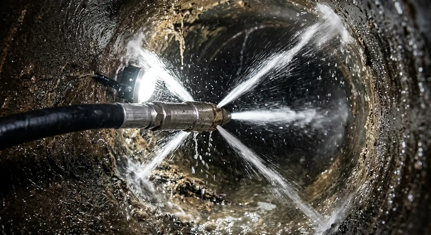High-pressure hydro jetting nozzle cleaning sewer pipe for Sewer Cleanout in Unionville