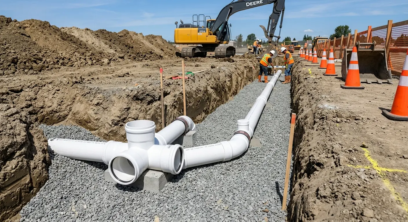 New PVC sewer pipe installation in open trench for Commercial Drain Cleaning in Unionville