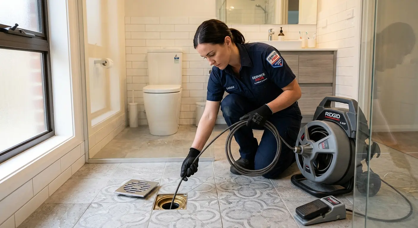 Technician clearing a bathroom floor drain for Clogged Drain Repair in Unionville